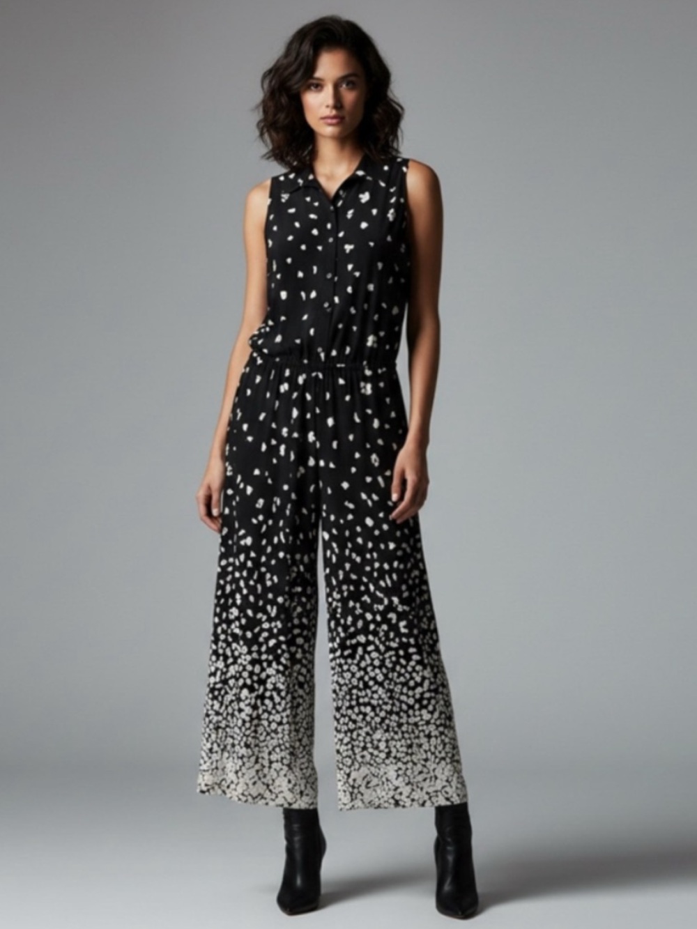 Maggy London Black White Sleeveless Collared Wide Leg Belted Jumpsuit Size 12